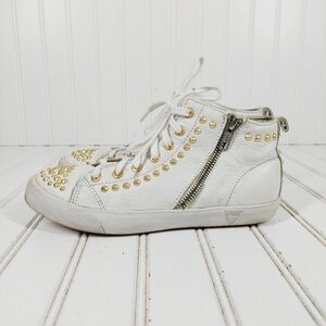 Guess ELNLEA 12 White Leather Studded Side Zip High Top Sneakers Trainers F361